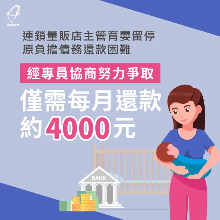 產後育嬰留職停薪,協商後減少70%月付金,月繳不到4千 債務協商案例-債務協商推薦
