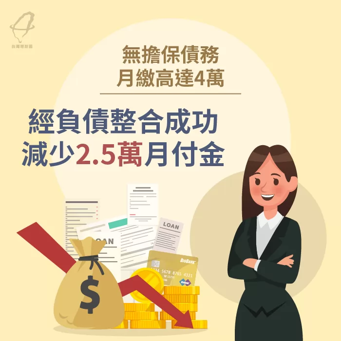 台灣理財通成功協助李小姐減少月付金額2.5萬! 整合貸款成功案例-貸款整合