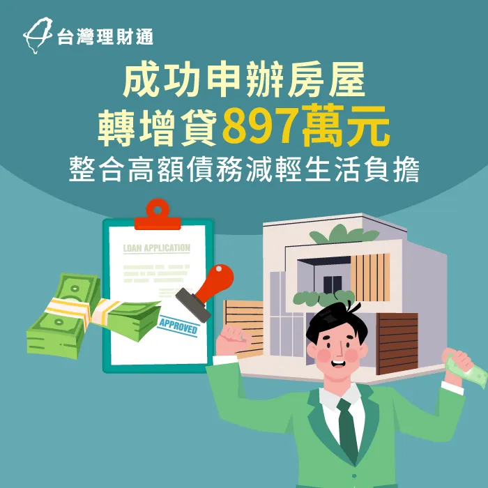 繳款壓力大,專員規劃房屋轉增貸897萬元,一次整合高額負債 台南市H先生房屋貸款案例-房屋貸款推薦