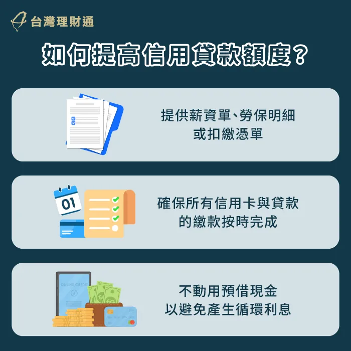 想提高信貸額度可以透過穩定收入、財力證明、保持良好信用紀錄,提高銀行對你還款能力的信任 如何提高信用貸款額度-信用貸款額度