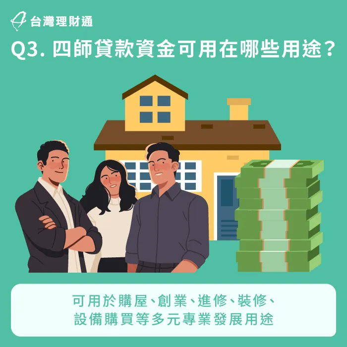 四師貸款可用於創業、購屋、進修或專業設備採購,彈性高、用途廣 四師貸款資金用途-四師貸款