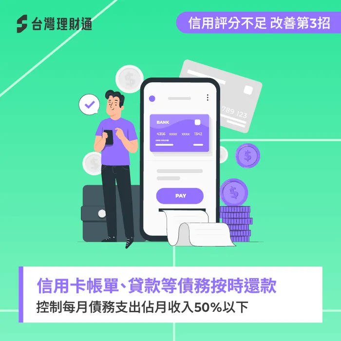 按時償還債務可以提升信用評分,還能有效降低負債比! 月收支比50%以下-信貸綜合評分不足