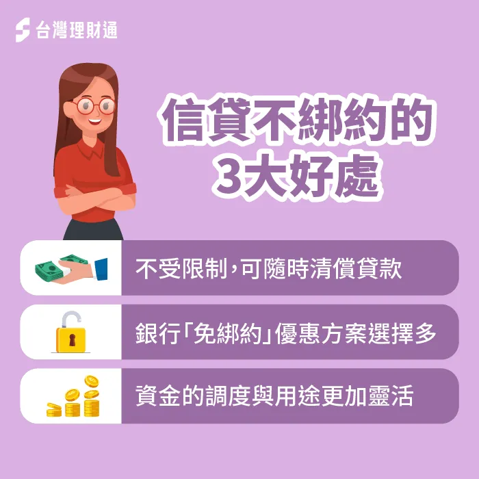 信用貸款不綁約有哪些優點?以下為大家整理出3個重點,趕快一起來看看! 信用貸款不綁約的3大好處-信用貸款不綁約