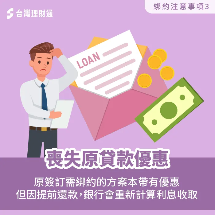 如果申請提前還款,可能會喪失原有簽訂貸款的優惠條件,且利息會以新的方式計收。 提前還款會失去原有貸款優惠-信貸綁約意思