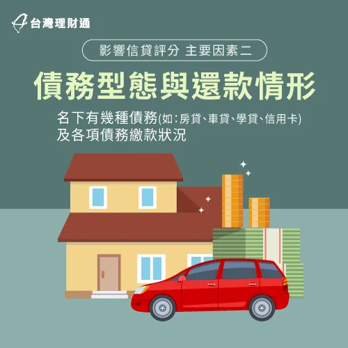 名下有2~3種以上的債務種類及還款不穩定,都會對信貸評分造成極大影響 債務種類與還款紀錄-影響信貸評分的主要因素