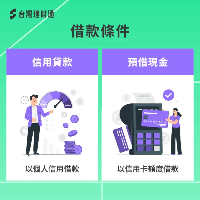 信用貸款是以個人信用作為核貸依據,跟用信用卡額度作為借款條件的預借現金不同 借款條件差別-信用貸款跟預借現金差別