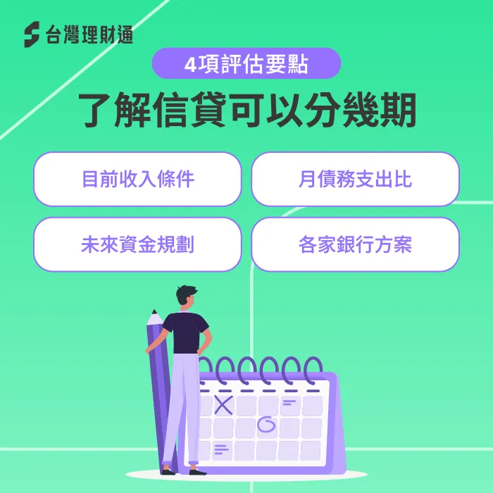 信貸年限要考慮的層面有收入條件、債務比例、資金規劃與銀行方案 4點評估信貸可以分幾期-信貸可以貸幾年