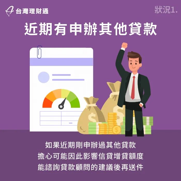 如果近期剛申辦過其他貸款,又向銀行提出增貸需求,有可能會影響到增貸額度甚至是貸款過件率 近期有貸款紀錄可能會影響可貸額度-信貸增貸試算