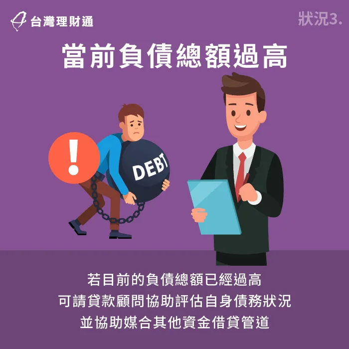 增貸額度會受現有負債多寡影響,若負債總額已過高,建議暫勿自行送件,應優先尋求專人協助與建議 負債總額過高可能會使增貸額度降低-信貸增貸試算