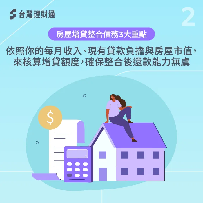 銀行會依照房屋現值與個人信用條件評估可增貸額度,並確保申貸人具備足夠的還款能力 銀行評估可貸額度與個人財務狀況-房屋增貸可以整合債務嗎