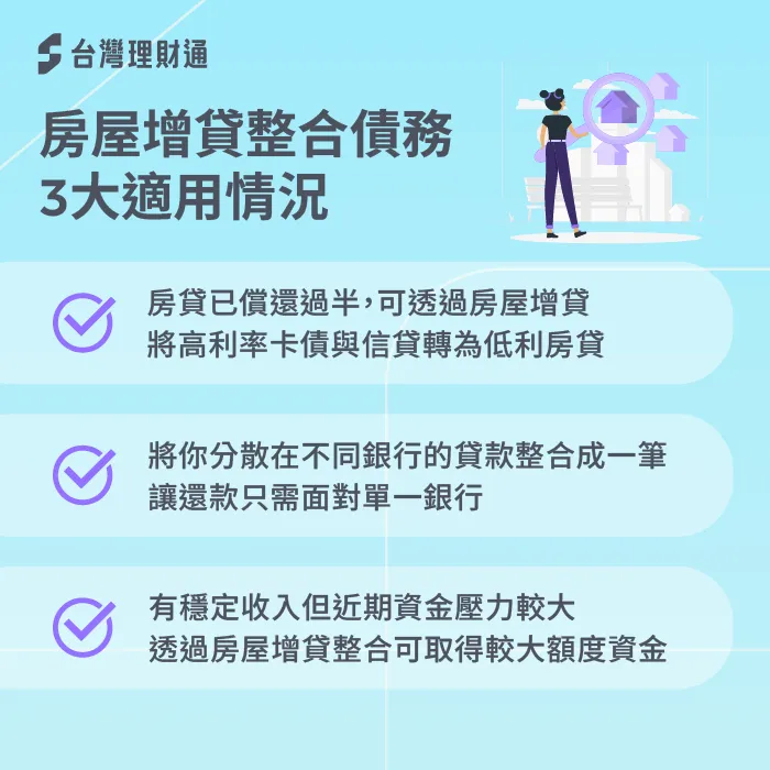 若你名下房貸已繳一半以上、債務分散多家銀行,或近期資金壓力增加,房屋增貸整合債務能協助你降低高利債務利率 房屋增貸整合債務適合誰-房屋增貸可以整合債務嗎