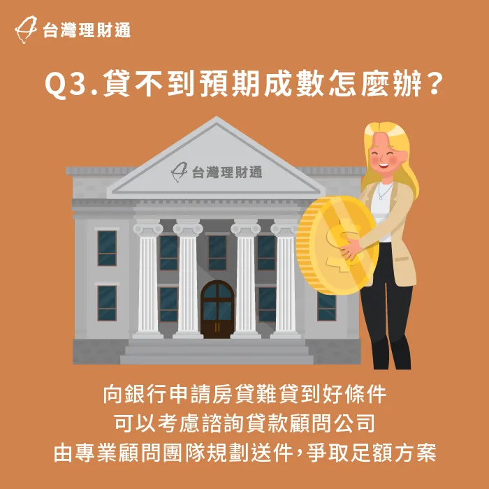 若銀行提供的房貸成數不如預期,建議請專業貸款顧問公司協助,方案選擇更為多元,不受單一銀行方案限制 貸不到理想成數可以請貸款顧問公司協助-房貸可以貸幾成