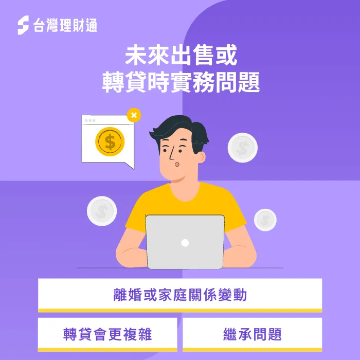 多數人只考慮購屋當下,卻忽略「未來處分」的問題,後續在轉貸與繼承等實務上仍可能遭遇不同狀況。 出售或轉貸狀況-房貸 屋主 不同人