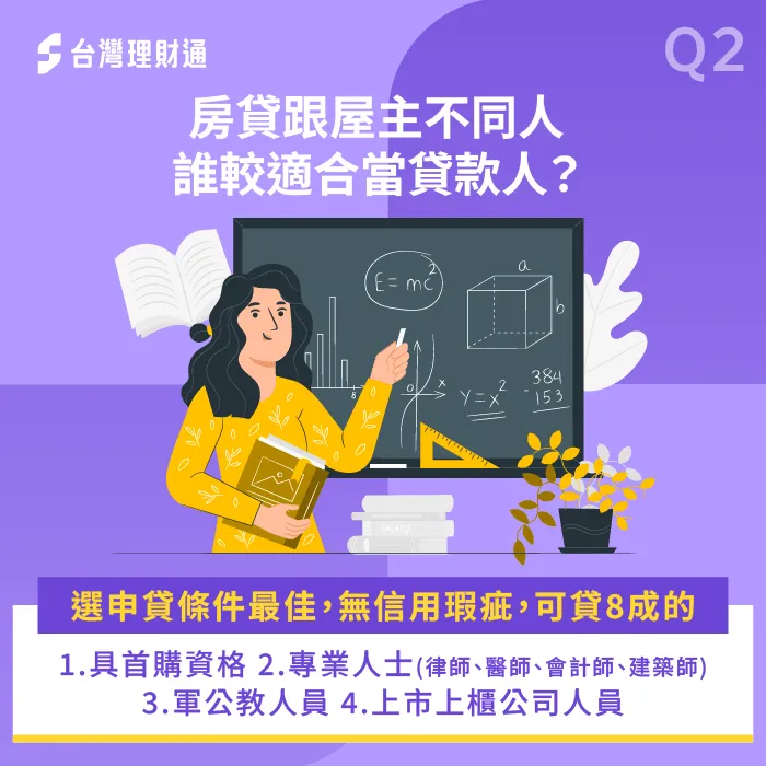 一般而言建議由收入、信用條件較好的一方來擔任房貸貸款人 房貸跟屋主不同人該由誰貸款-房貸所有權人跟貸款人不同