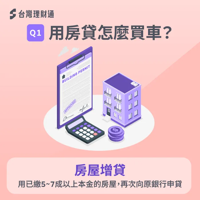 想用房貸買車就是向原銀行申請房屋增貸,將資金用於購車 房屋增貸買車-用房貸買車