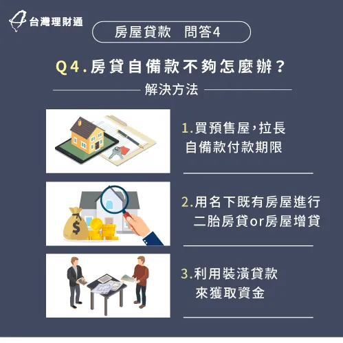房貸自備款不夠,可以改買預售屋,或二胎房貸、房屋增貸、裝潢貸款來獲取資金 房貸自備款不足怎麼辦-房貸可以全額貸款嗎