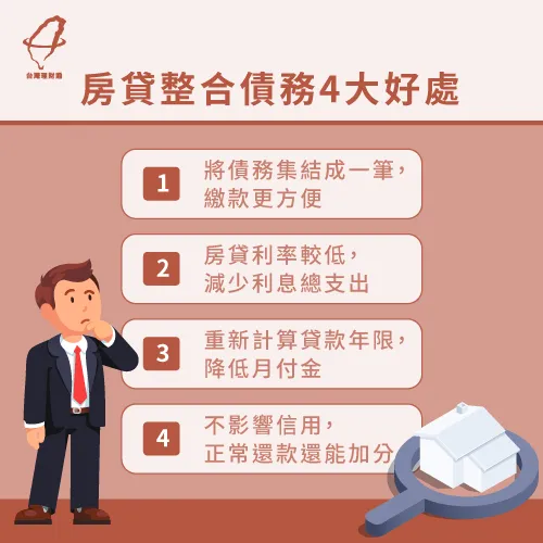 額度高、利率低的房貸,若用來整合債務可以說是好處多多! 房貸整合債務4大好處-如何透過房貸整合負債