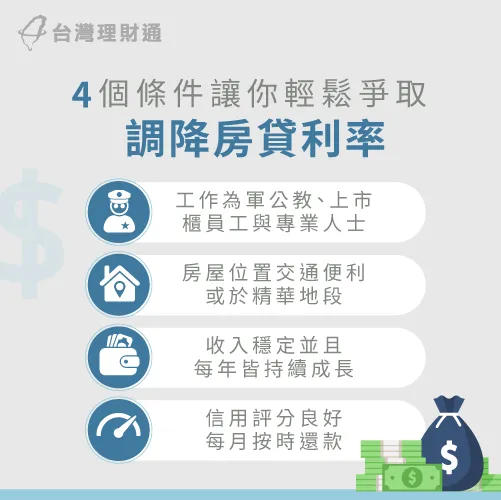 只要工作好、房屋地段好、有穩定收入與良好信用,就能輕鬆降低房貸利率! 4個降低房貸利率條件-如何降低房貸利率