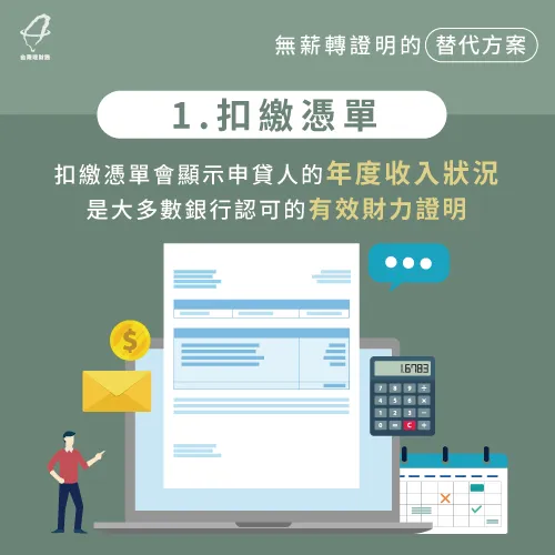 在沒有薪資證明的情況下,可以向銀行提供扣繳憑單,扣繳憑單也是大多數銀行認可的財力證明喔。 向銀行提供扣繳憑單-沒有薪資證明 貸款