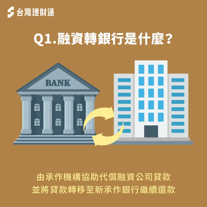 融資貸款可以透過承貸機構協助代償,將剩餘債務轉移至銀行繼續繳款,藉此降低還款利率 融資貸款可經由代償轉移至銀行還款-融資轉銀行