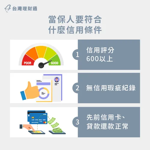 貸款保證人務必不能有信用瑕疵,且先前貸款、信用卡皆無遲繳記錄 貸款保證人信用條件-貸款保證人資格