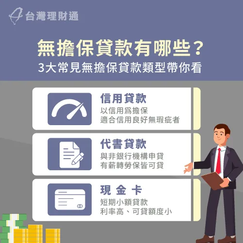 無擔保貸款類型以信貸為主,另外還有代書貸款、現金卡等方式 無擔保貸款3大類型-無擔保貸款有哪些