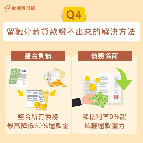 留職停薪期間貸款繳不出來,可運用整合負債或債務協商來降低月付金 留職停薪貸款繳不出來-留職停薪貸款