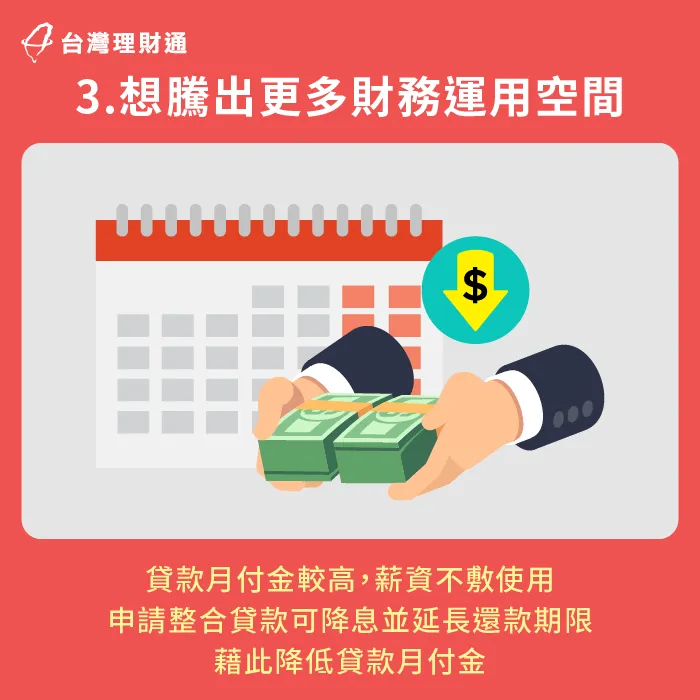 延長貸款期限或申請寬限期,降低每月還款金額,為日常開支和儲蓄騰出更多空間 降低還款負擔-如何整合貸款