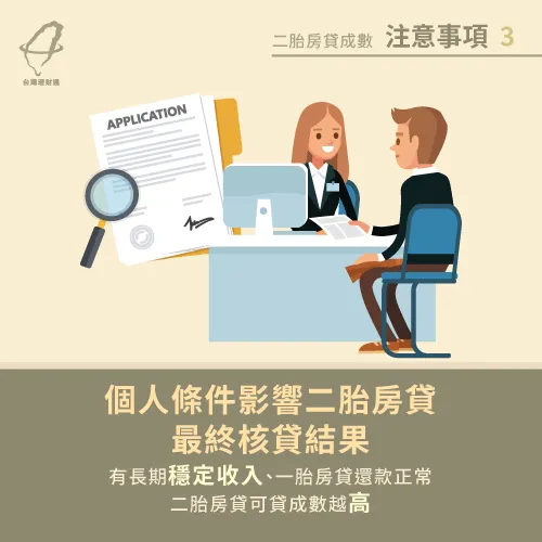 鑑定房價及計算可貸成數後,會再依照個人條件決定最終核貸二胎房貸額度 審核個人條件決定最終額度-二胎房貸可以貸多少
