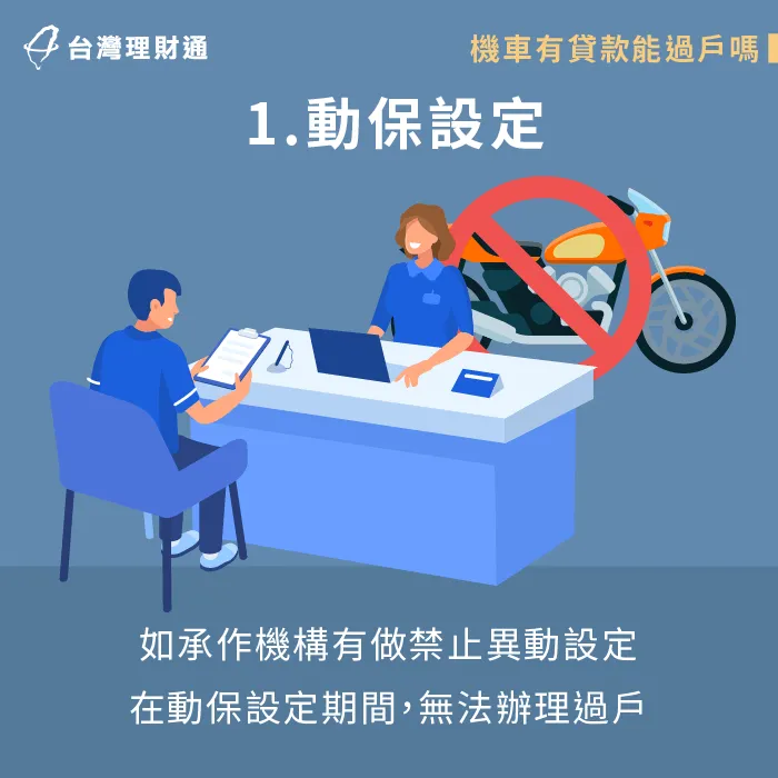 如果當初申辦機車貸款時,有被設定動產擔保,則需在貸款清償後才能辦理過戶。 動保設定期間無法過戶-機車貸款中可以過戶嗎