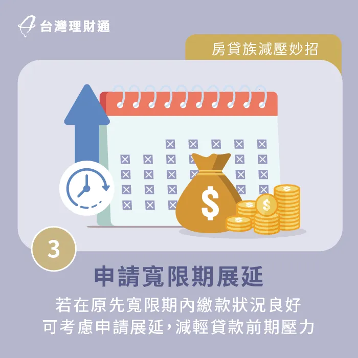 如果想減輕貸款前期的壓力,可考慮申請房屋寬限期,於寬限期內可只償還利息不需支付本金。 向貸款銀行申請房屋寬限期-房市三高危機