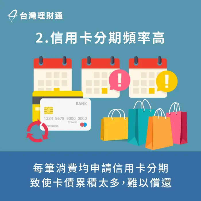 每筆消費均使用信用卡分期,導致累積多筆債務未還,加重繳款負擔。 信用卡分期頻率過高影響還款-信用卡繳不出來