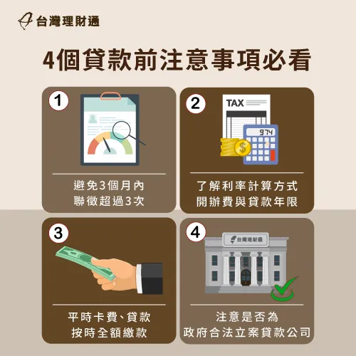 貸款前除了要注意聯徵次數,還有利率、開辦費跟貸款年限、以及個人信用跟找對貸款公司 4個貸款前注意事項-貸款注意事項