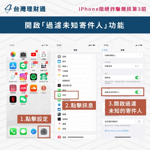 開啟「過濾未知寄件人」功能可降低收到貸款簡訊的機率 過濾未知寄件人-投資簡訊封鎖
