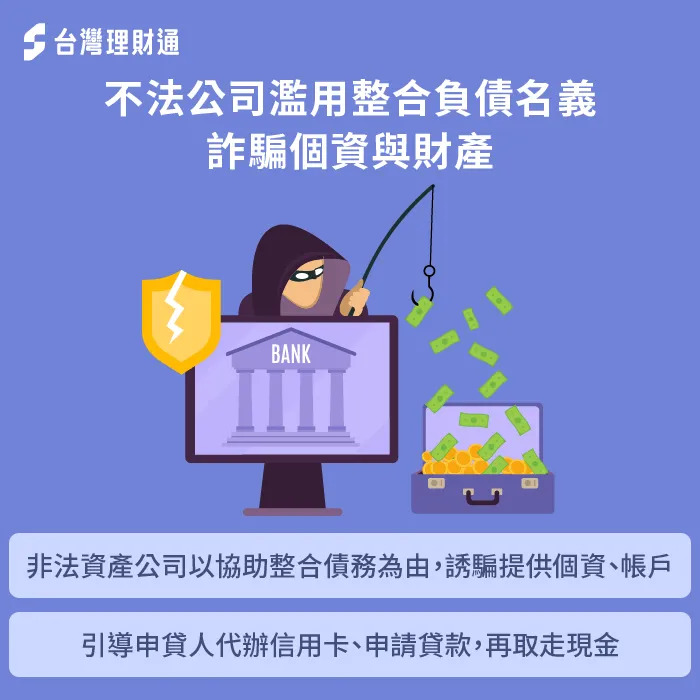 有心人士利用民眾心急梳理負債的心理,以整合債務為由詐騙錢財、個資 不法資產公司詐騙-整合負債 詐騙