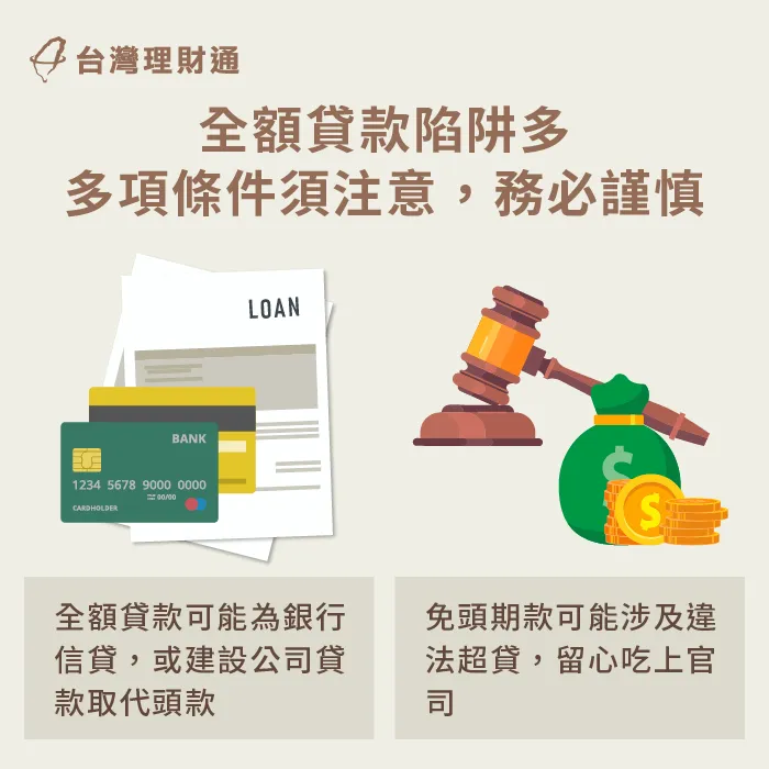 全額貸款不是所有人都能申請,需要龐大的財力支持,申貸前務必考量清楚 全額貸款買房陷阱-免頭期款買房