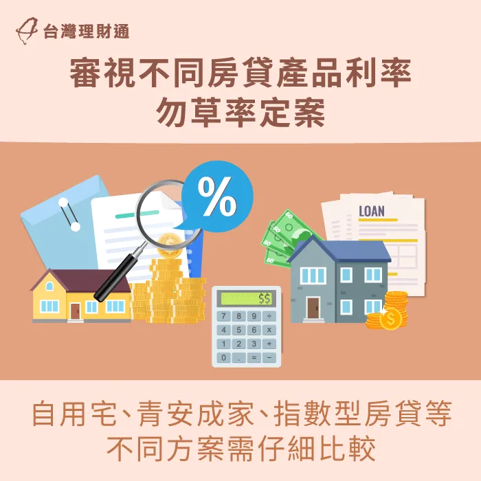 不同房貸產品有不同利率與期限,甚至有不一樣的計算方式,選擇前建議多方比對分析 選擇合適房貸產品-房屋貸款利率