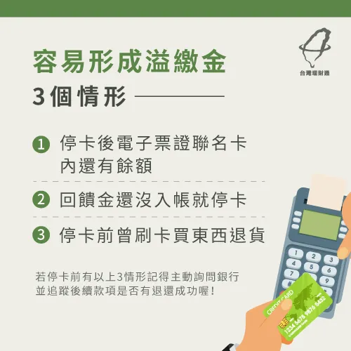 若信用卡為電子票證,或回饋金尚未入帳、曾刷卡退貨,要追蹤後續款項處理方式以免形成溢繳金 容易產生溢繳金的情況-信用卡停卡注意